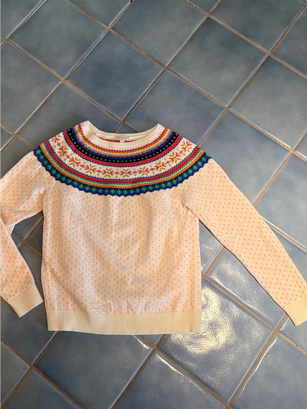 Talbots Cream Sweater with Multicolor Fair Isle Yoke
